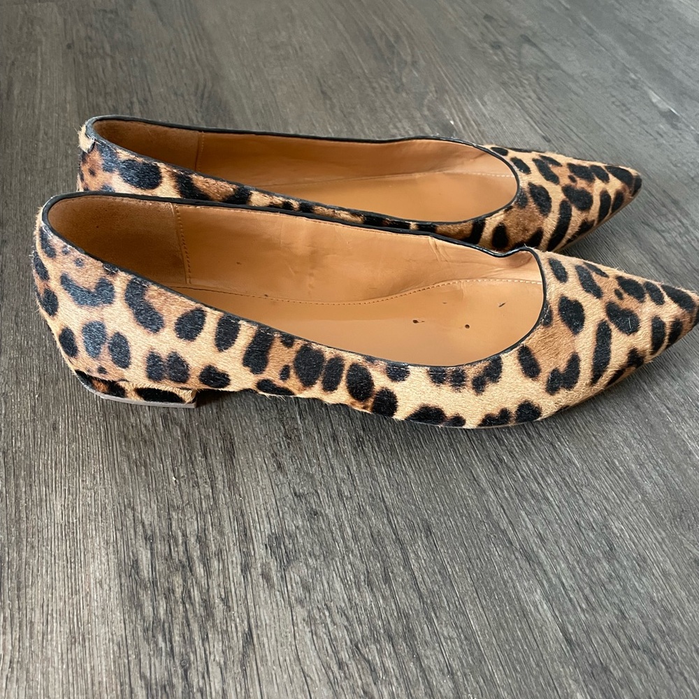 J Crew leopard print, pointed toe flat with slight heel. Size 8.